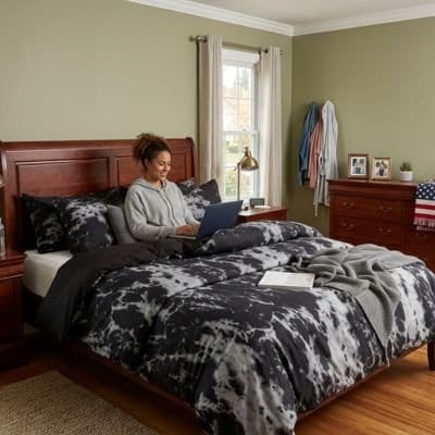 Femme avec ordinateur sur parure de lit noire Élégance Premium