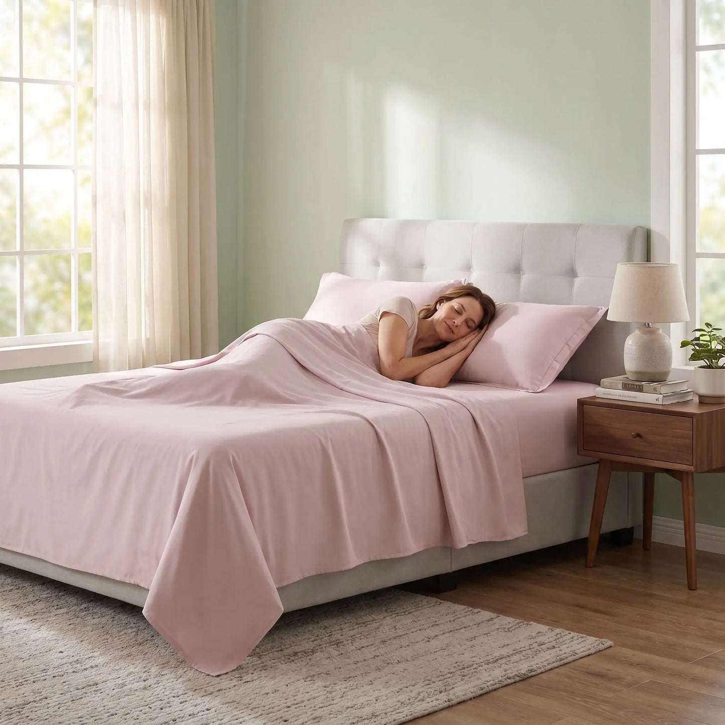 Femme endormie tête sur taie d'oreiller rose