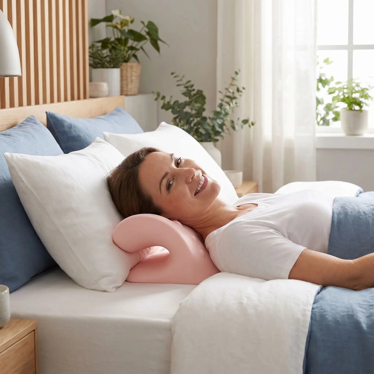 Femme souriante tête sur oreiller cervical rose Détente Posturale