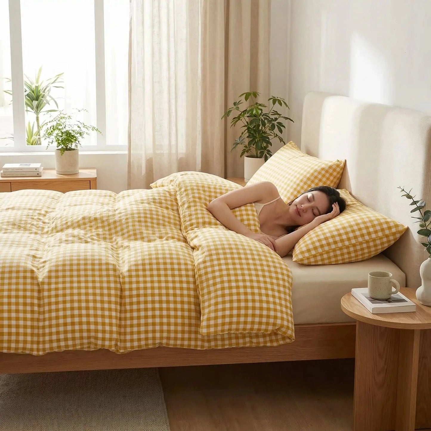 Femme sous housse de couette 220x240 jaune rayée