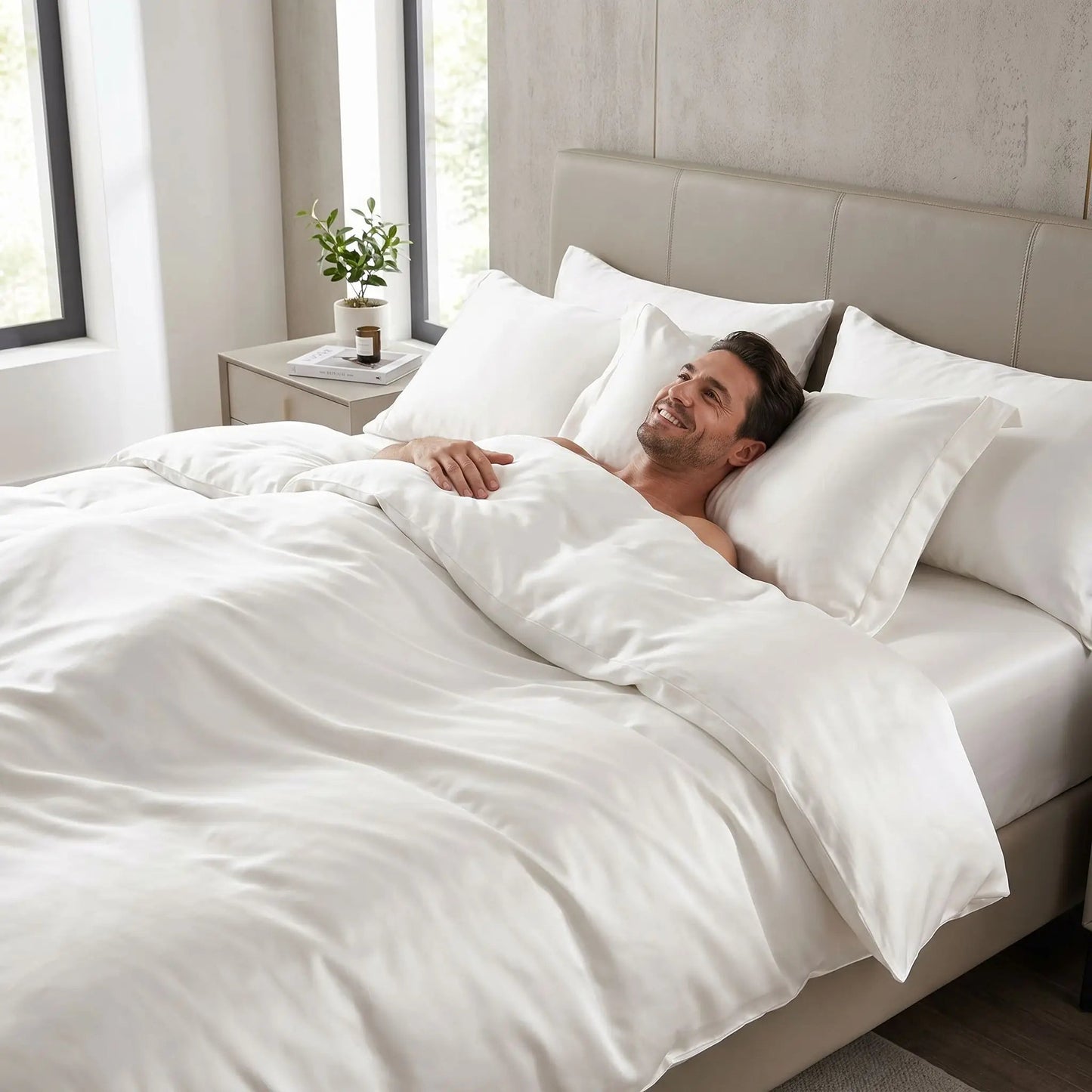 Homme couché sur parure de lit 220x240 blanche satin luxe