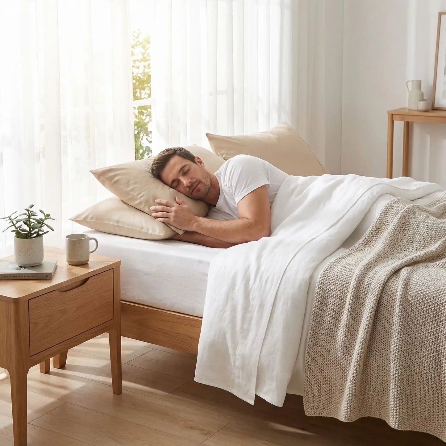 Homme endormi taies d'oreiller beiges coton pur