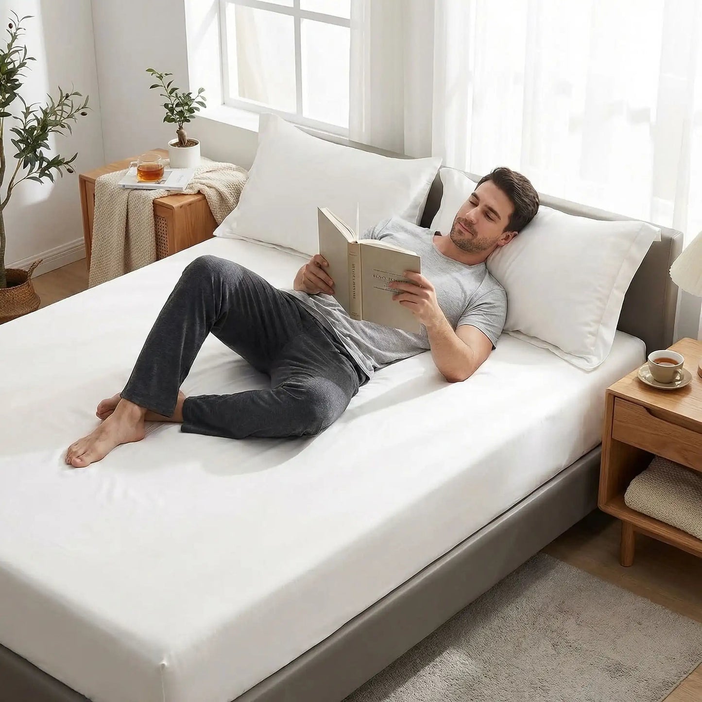 Homme livre couché sur drap housse blanc confort optimal