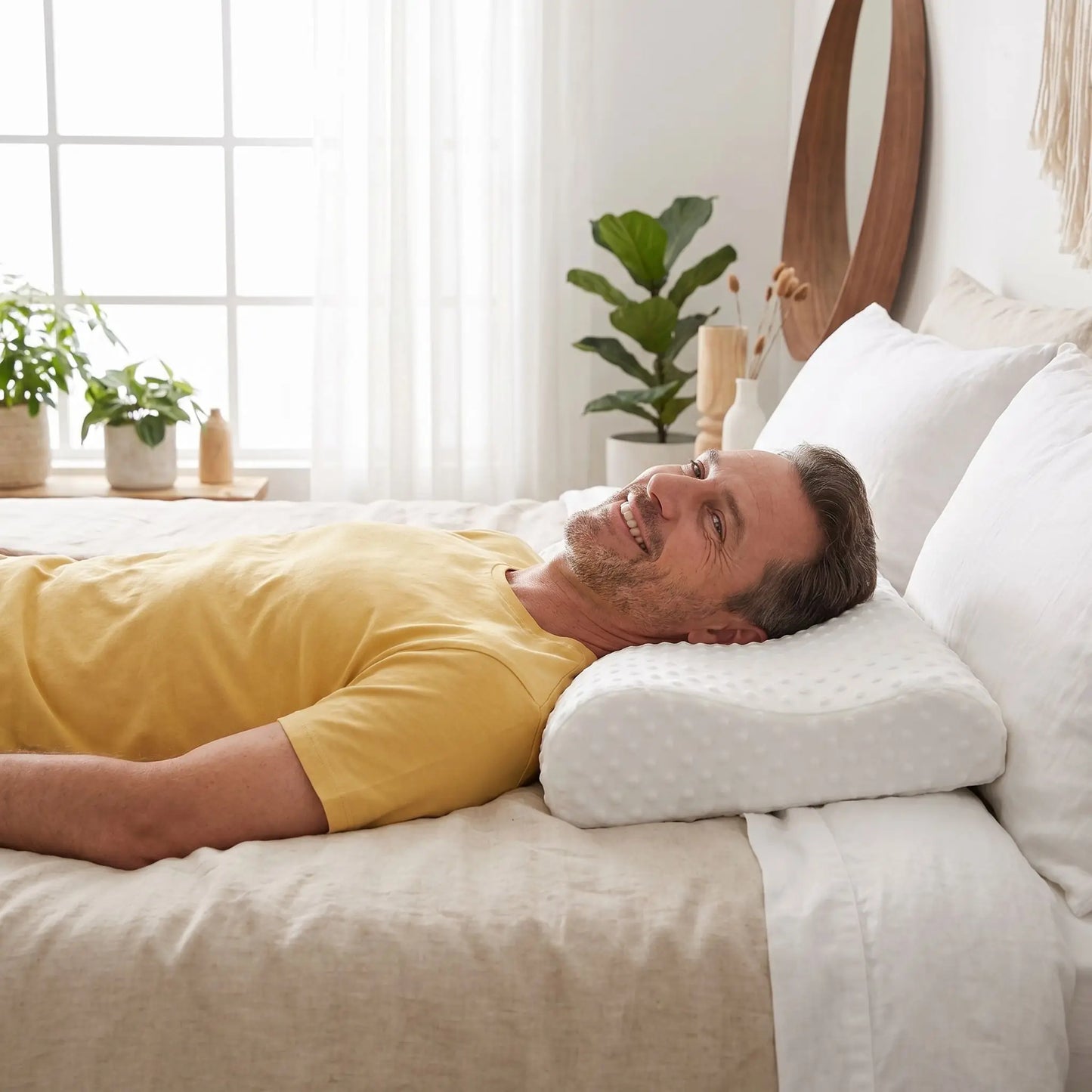 Homme souriant tête sur oreiller cervical Bambou Mémoire Forme