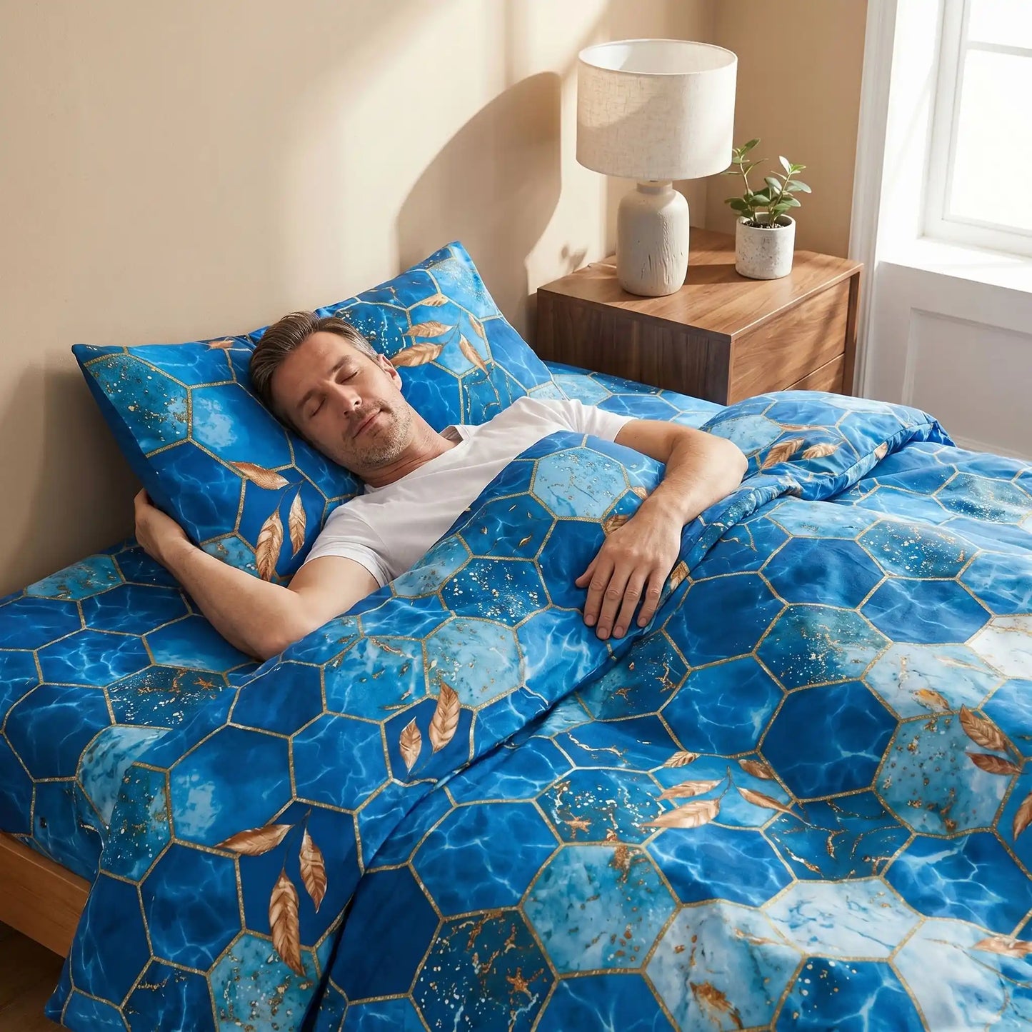 Homme sur le dos tête sut taies d'oreiller bleues
