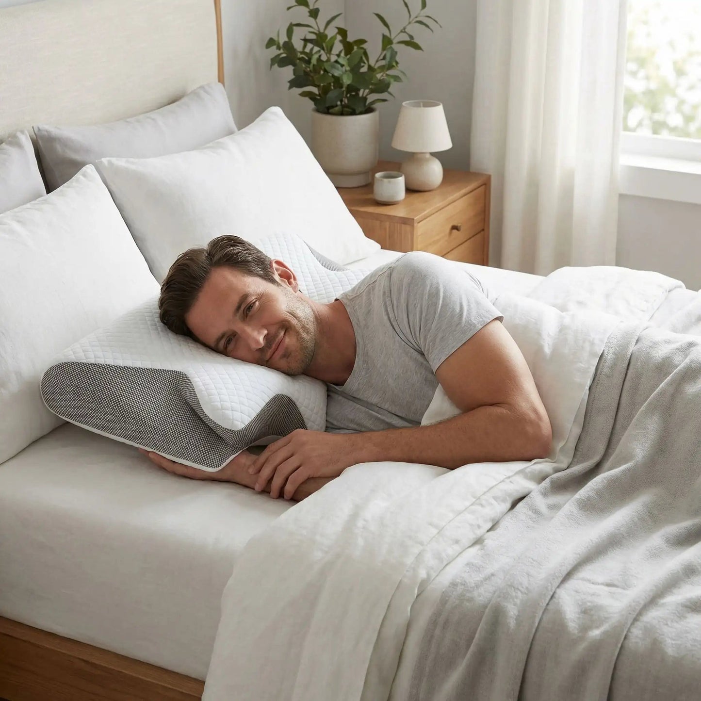 Homme sur oreiller ergonomique blanc-gris forme cornue