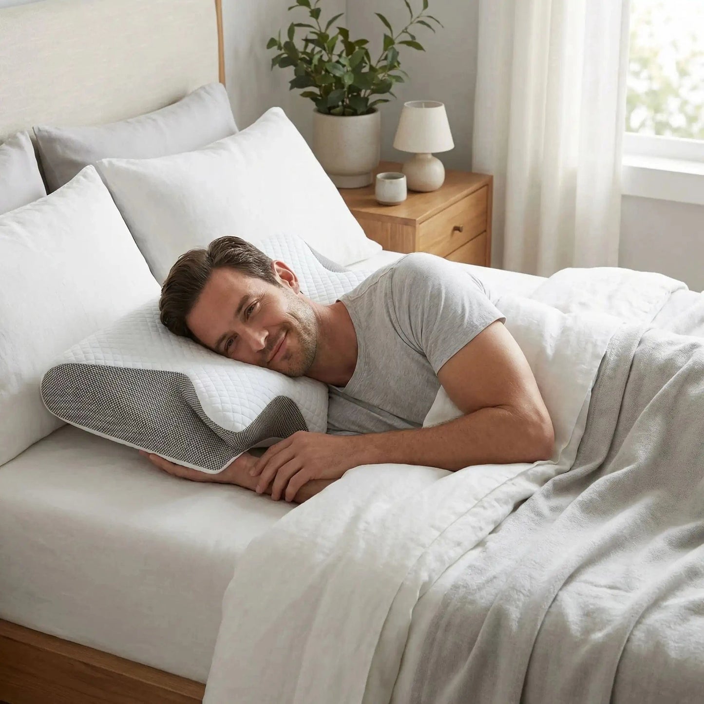 Homme sur oreiller ergonomique blanc-gris forme cornue