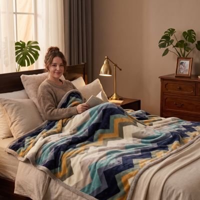 Jeune femme avec livre sur lit sous couverture chevron ™