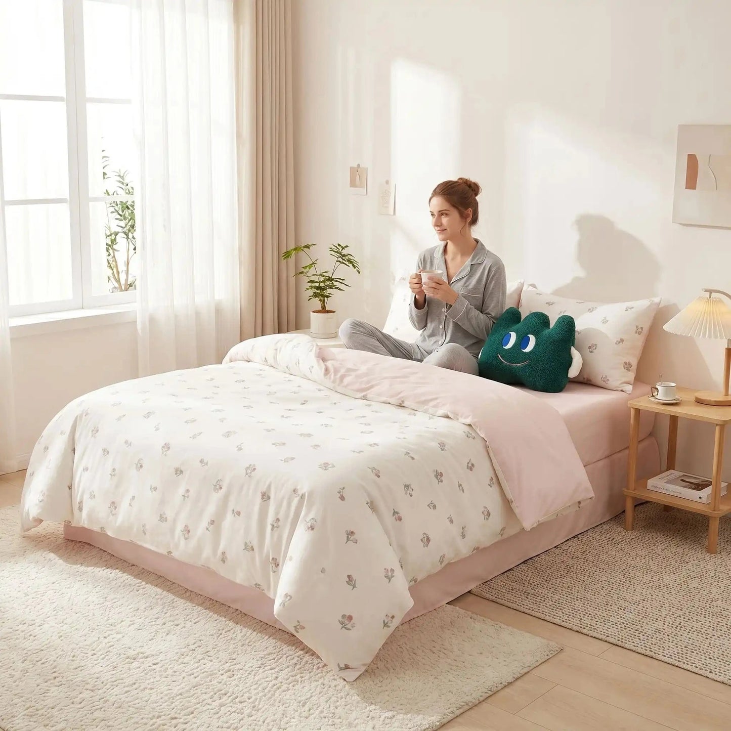 Jeune femme sur parure de lit coton premium avec café