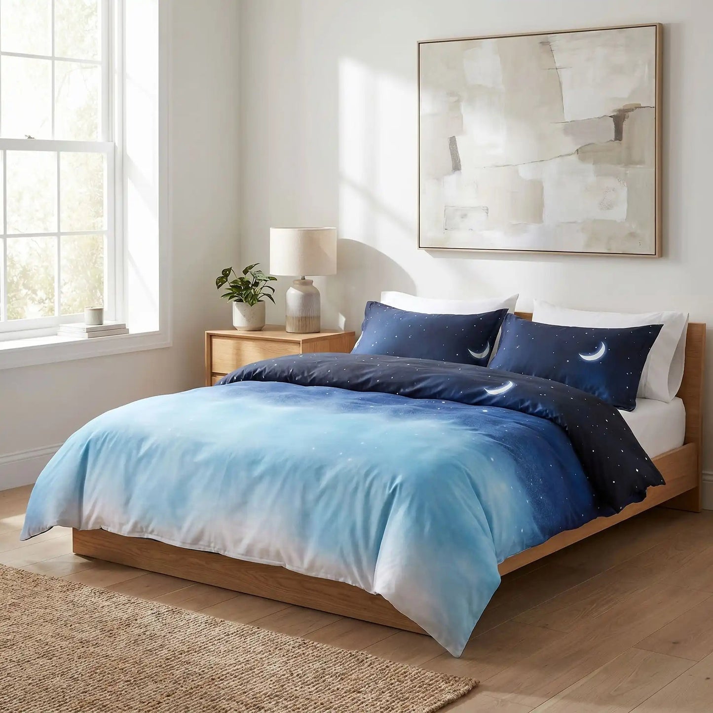 Parure de lit bleue Motif Étoilé Réversible