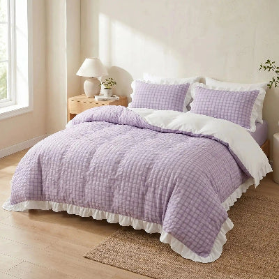 Parure de lit violette dentelle seersucker