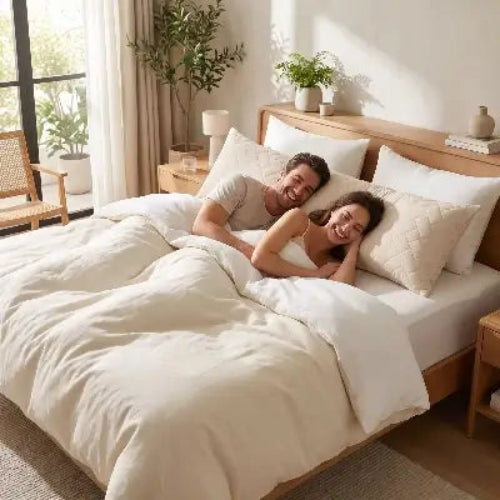 couple souriant sous couette tête sur traversin