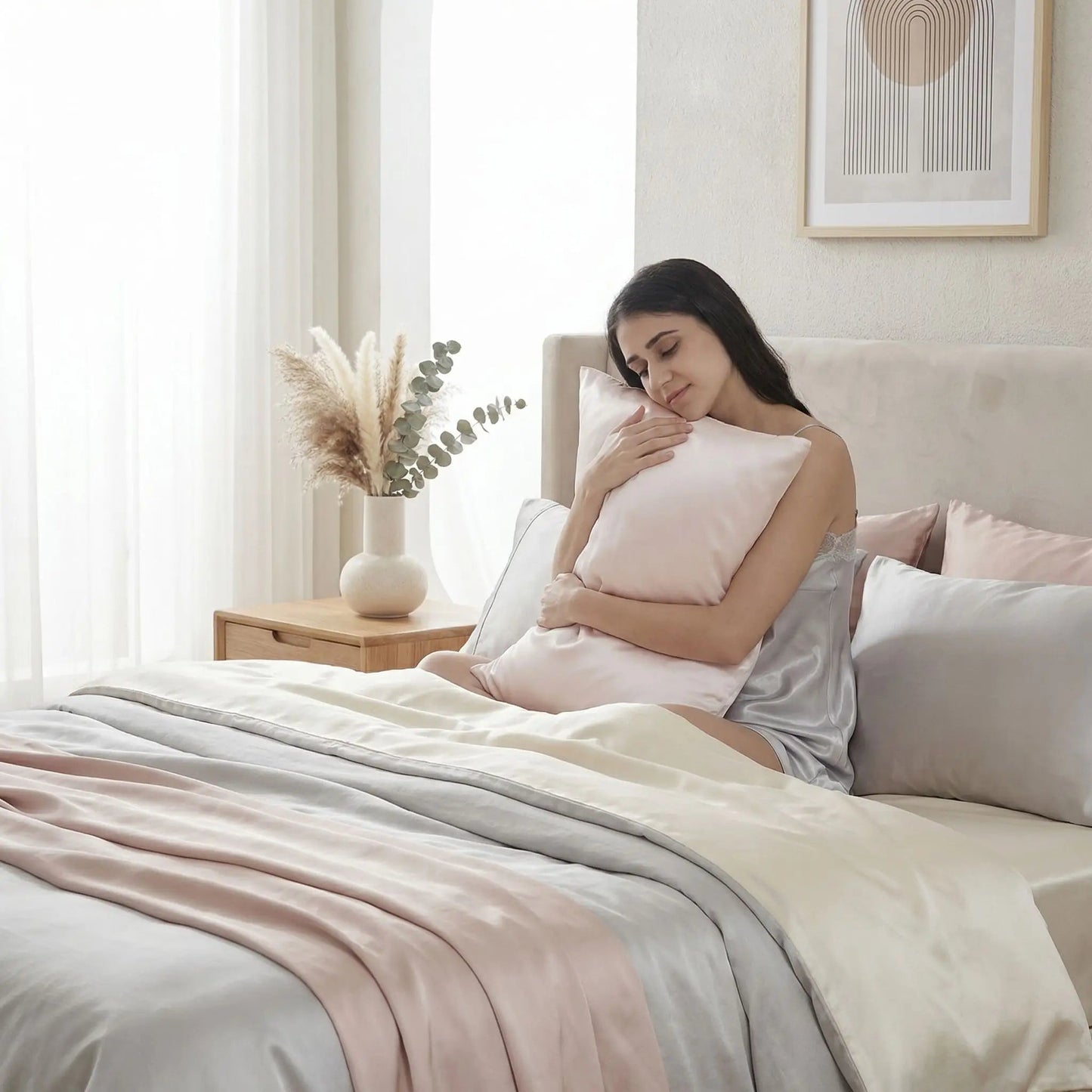 femme assise avec taie d oreiller en soie rose