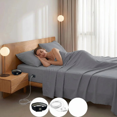 femme endormie sur draps plats gris fibres d'argent bio