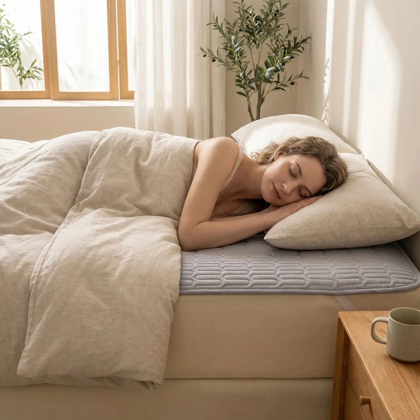 femme endormie sur protege matelas gris imperméable et respirant