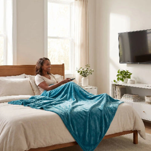 femme souriante sous couverture bleue regarde la télévision