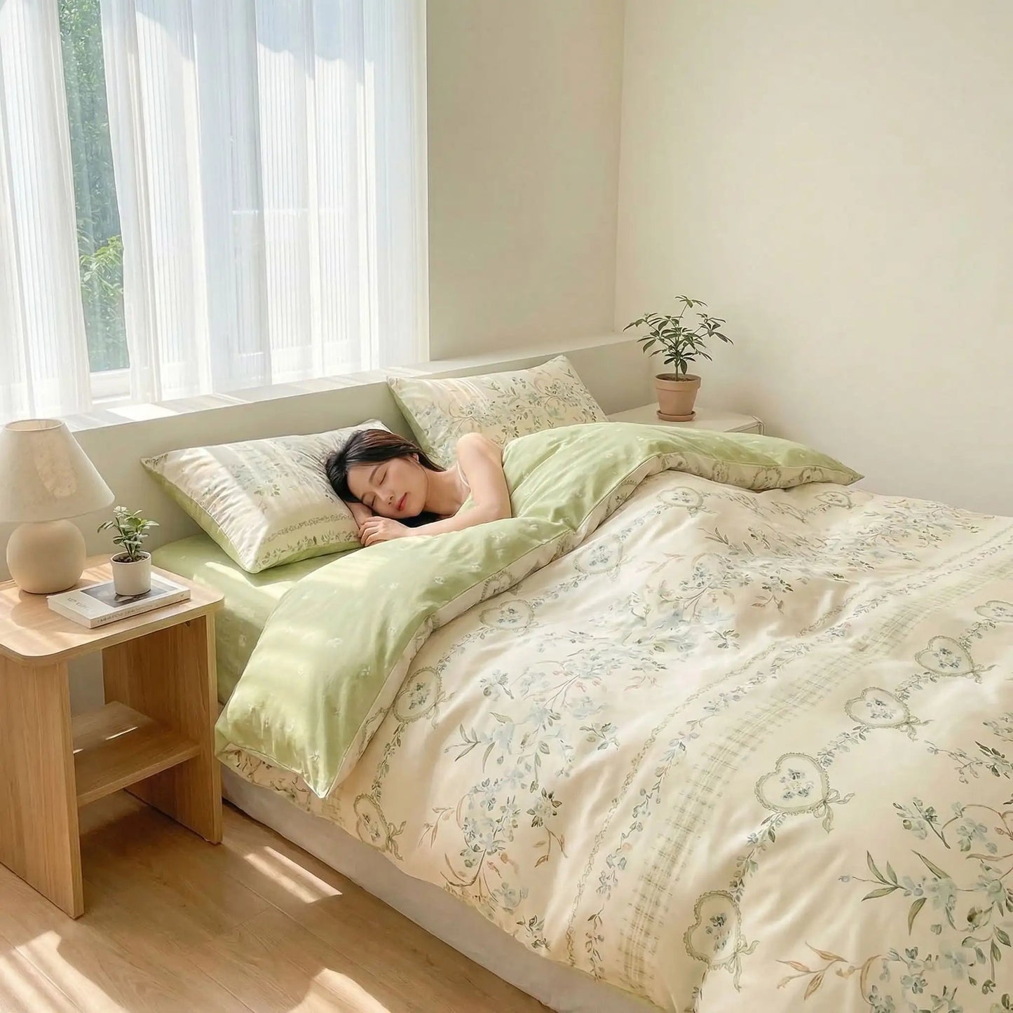 femme sous douceur d'intérieur housse de couette verte florale coton
