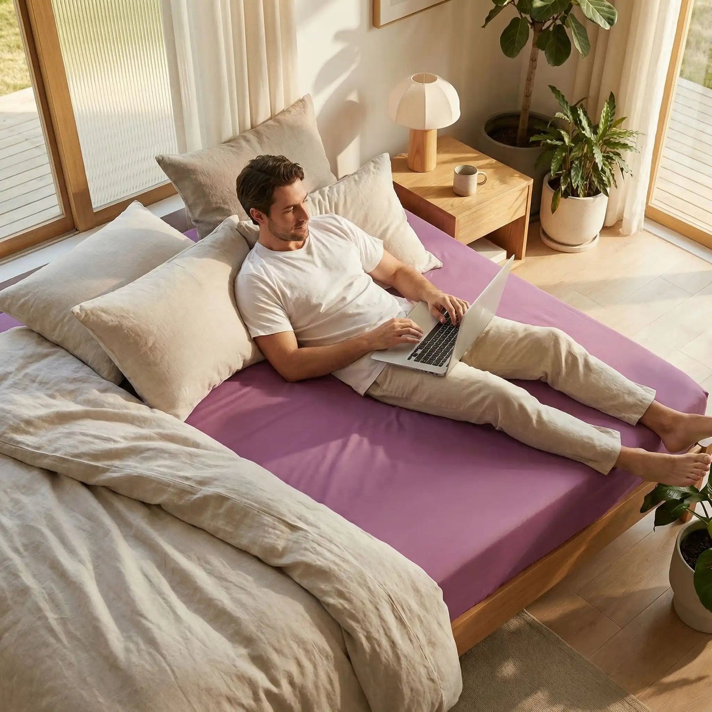 homme avec ordinateur sur drap housse 140x200 cm violet coton doux ajusté