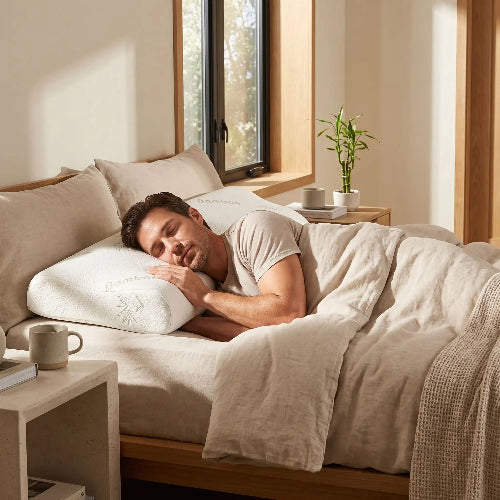 homme couchĂ© tĂȘte sur oreiller bambou Ă mĂ©moire de forme cervical fresh