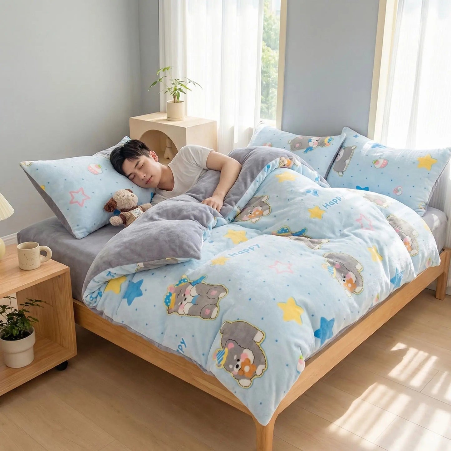homme endormi sous sa housse de couette en flanelle ultra douce