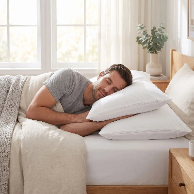 homme endormi tête sur taies d oreiller 50x70 blanches