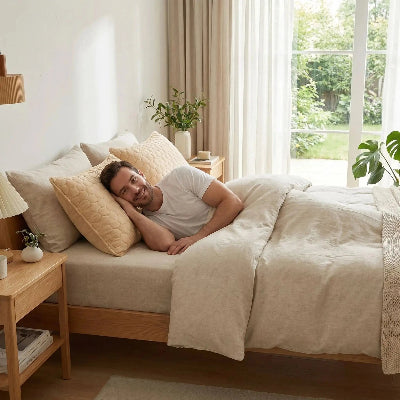 homme souriant couché taies d'oreiller orange