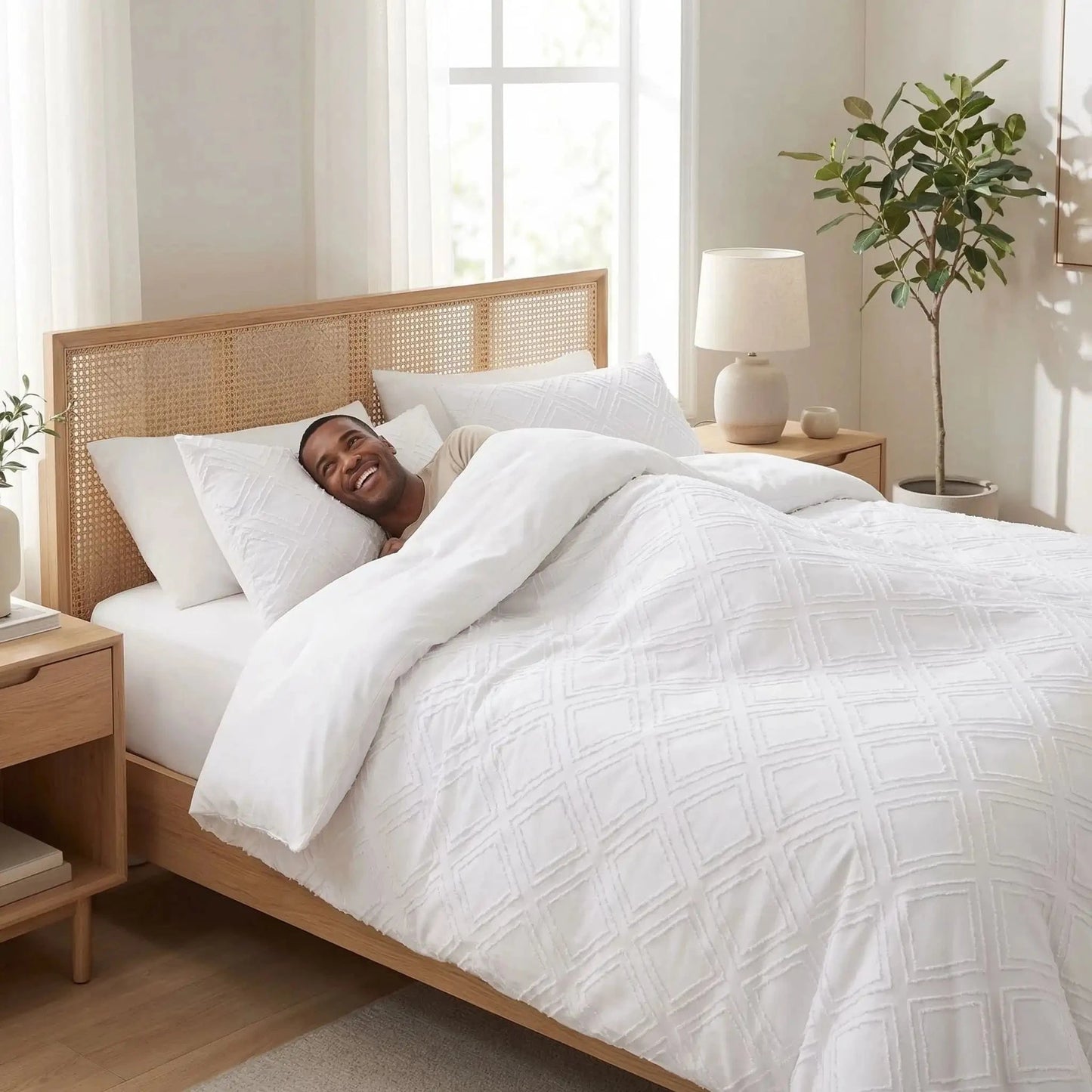 homme sous housse de couette 135x200 grise souriant