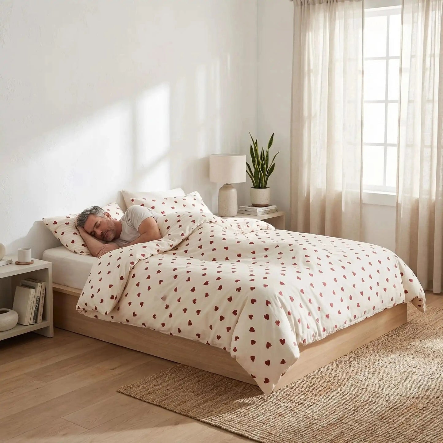 homme sous housse de couette élégance motifs coeurs