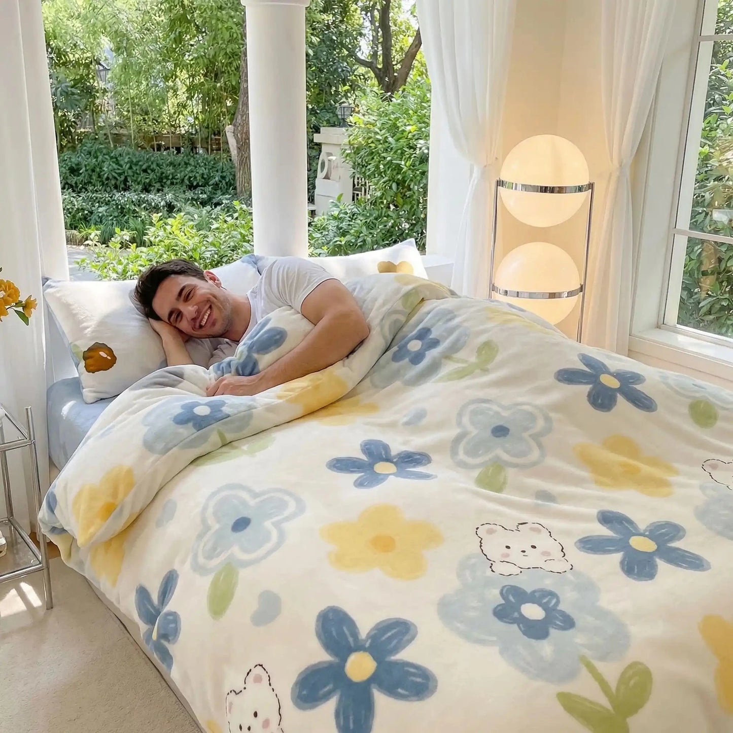 homme sous housse de couette florale élégance nuit