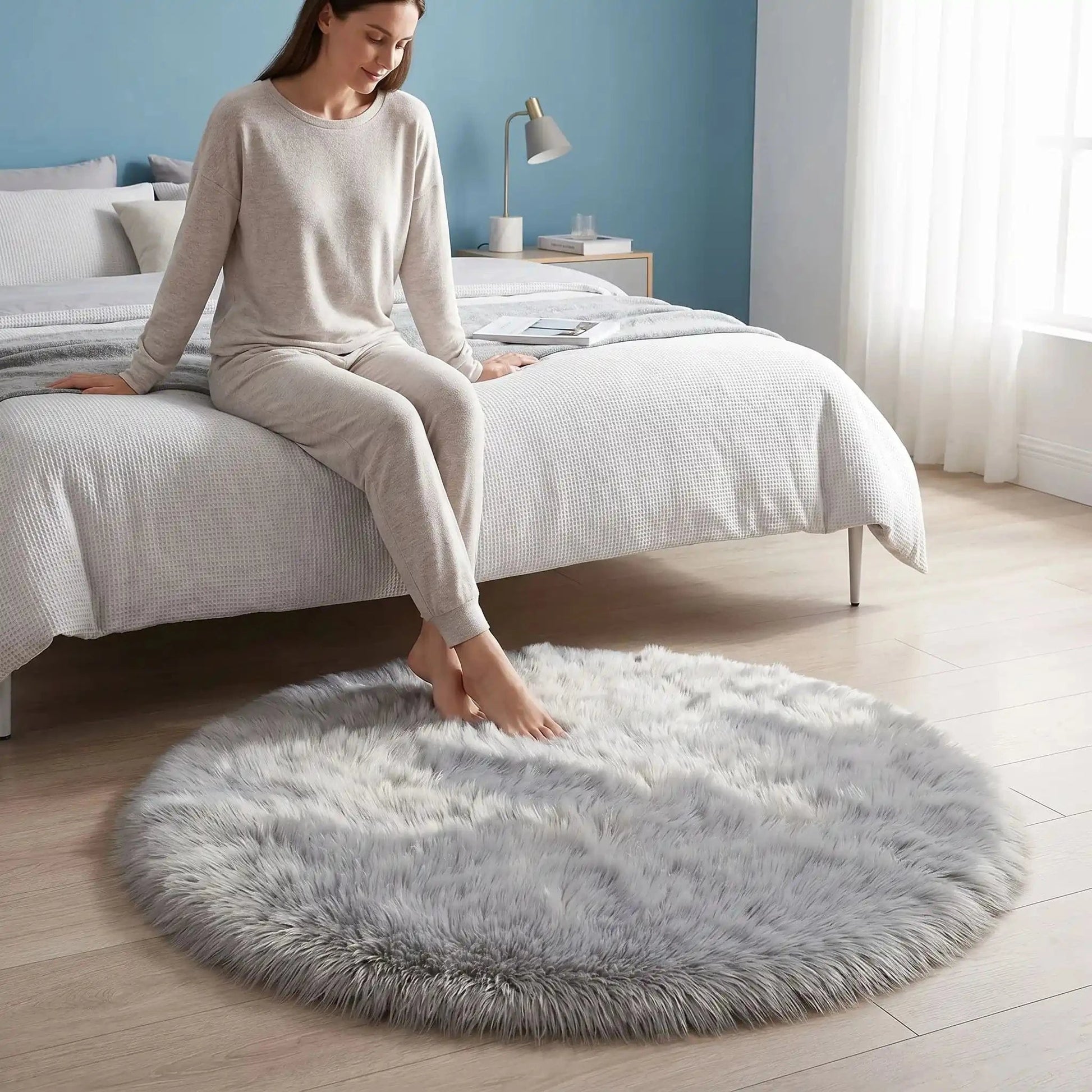 Femme assise pieds dans  tapis descente de lit gris