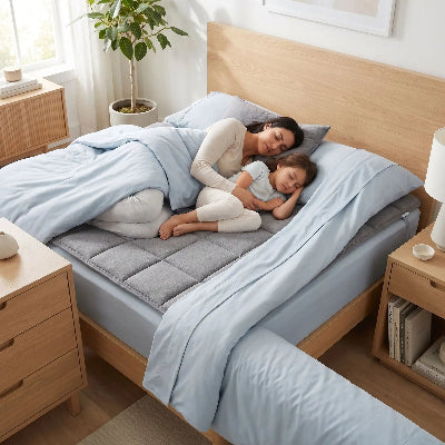 Femme avec enfant endormis sur surmatelas gris 90x190  