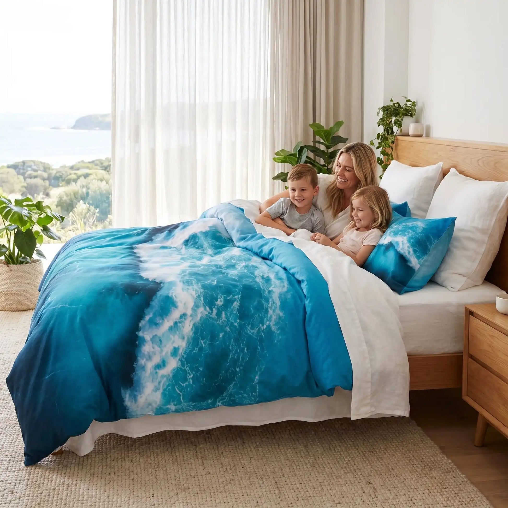 Femme avec enfants sur parure de lit bleue océan respirant