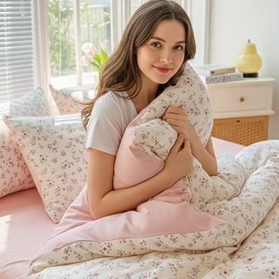 Femme avec housse de couette rose pâle Douceur Élégante 