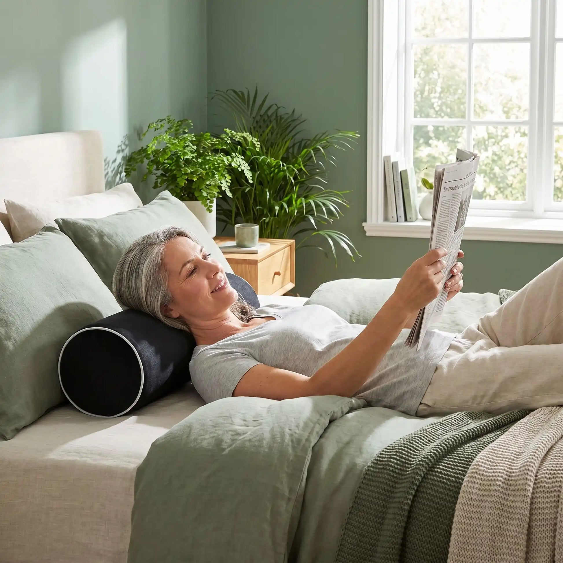 Femme avec journal couchée sur oreiller cervical noir