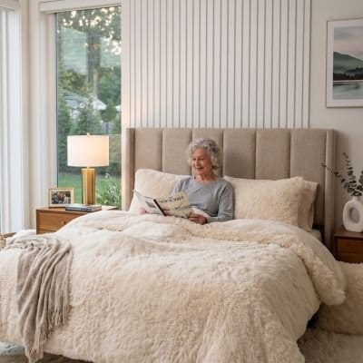 Femme avec journal sur parure de lit 200x200 beige