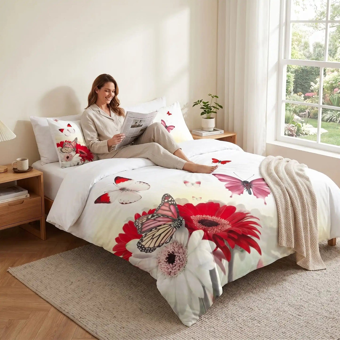 Femme avec journal sur parure de lit papillons rouges lotus zen