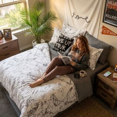 Femme avec livre sur parure de lit blanche Élégance Premium
