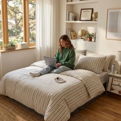 Femme avec ordinateur sur housse de couette 220x240 blanc Confort Raffiné 