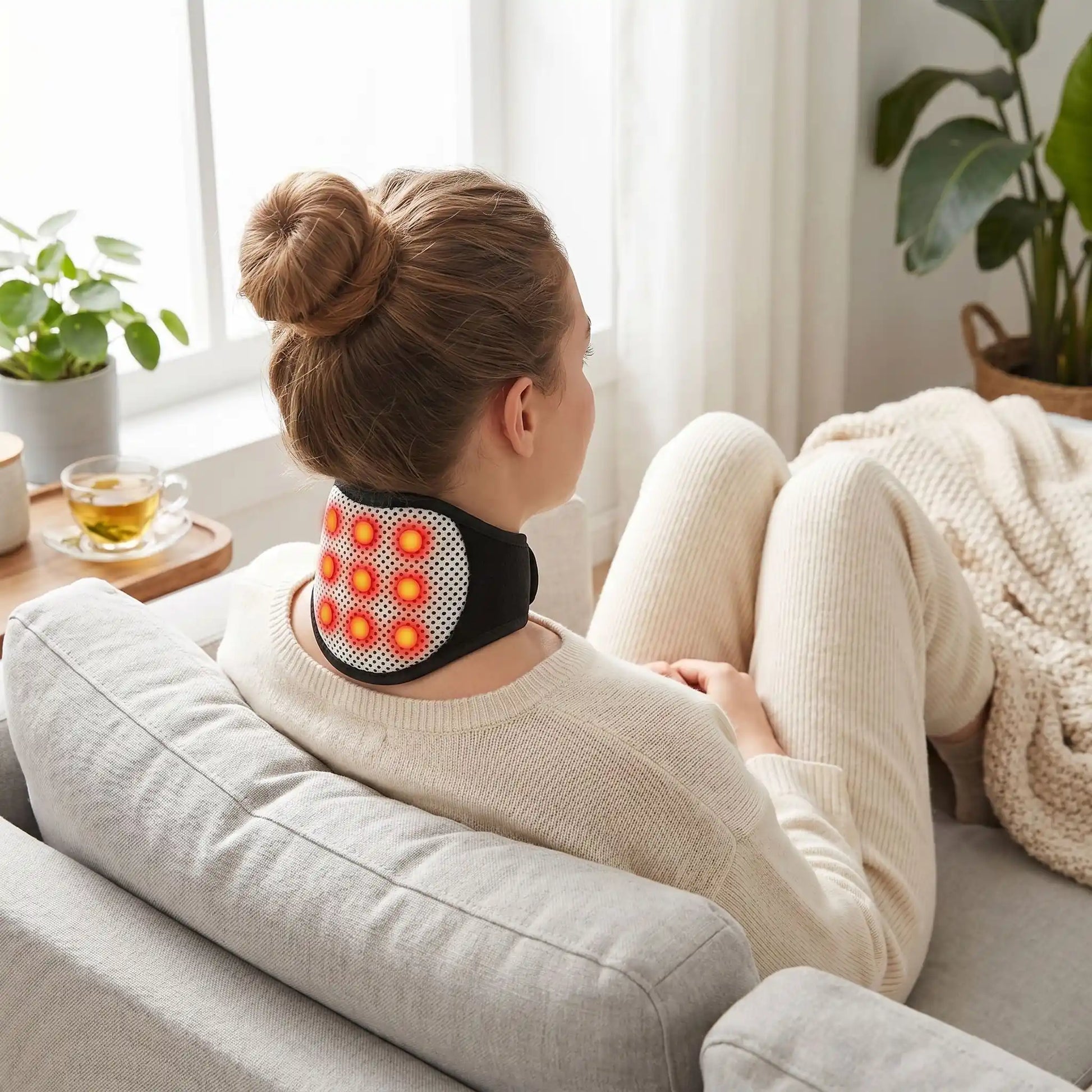 Femme avec oreiller cervical portable noir Thermique Chauffant