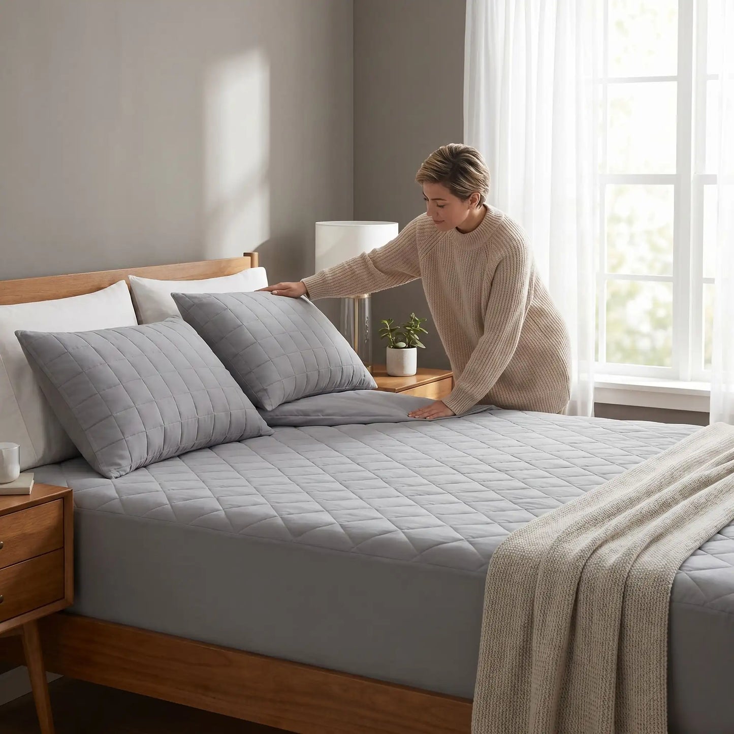 Femme avec protege matelas 140x190 gris imperméable confort chambre 