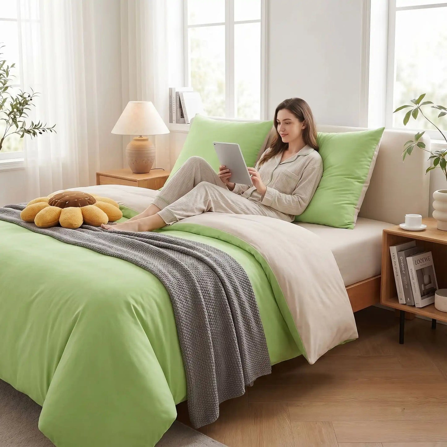 Femme avec tablette sur parure de lit 160x200 vert-blanc Anti-Froissage