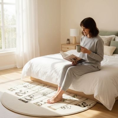 Femme avec tasse pieds sur tapis descente de lit Confort Élégant