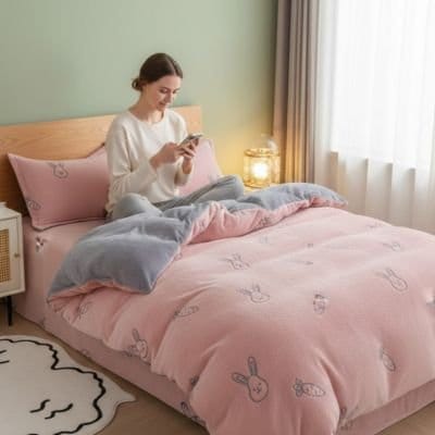 Femme avec téléphone sous housse de couette douceur confort durable