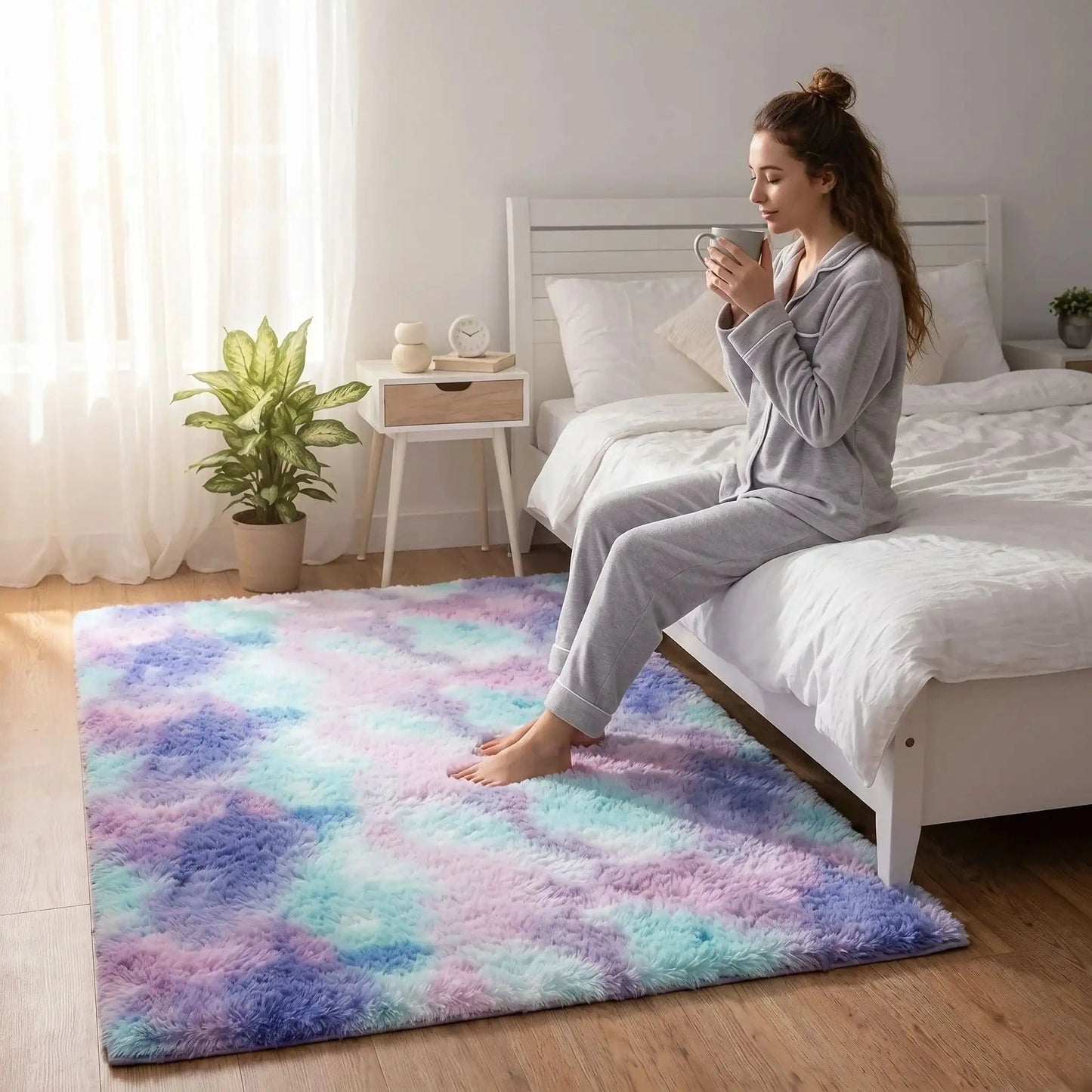 Femme  boit café sur tapis descente de lit multicolore