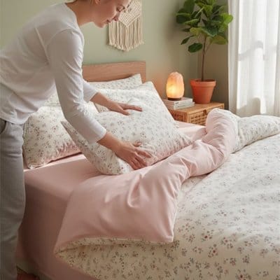 Femme change housse de couette rose Premium Douceur