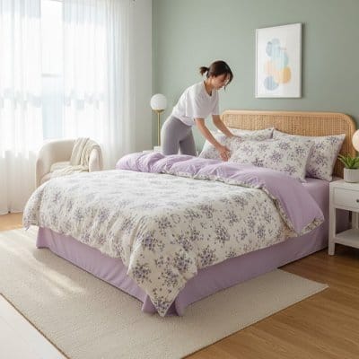 Femme change housse de couette violette Premium Douceur 