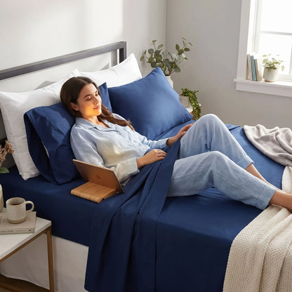 Femme couchée avec tablette sur dos sur draps doux bleu marine