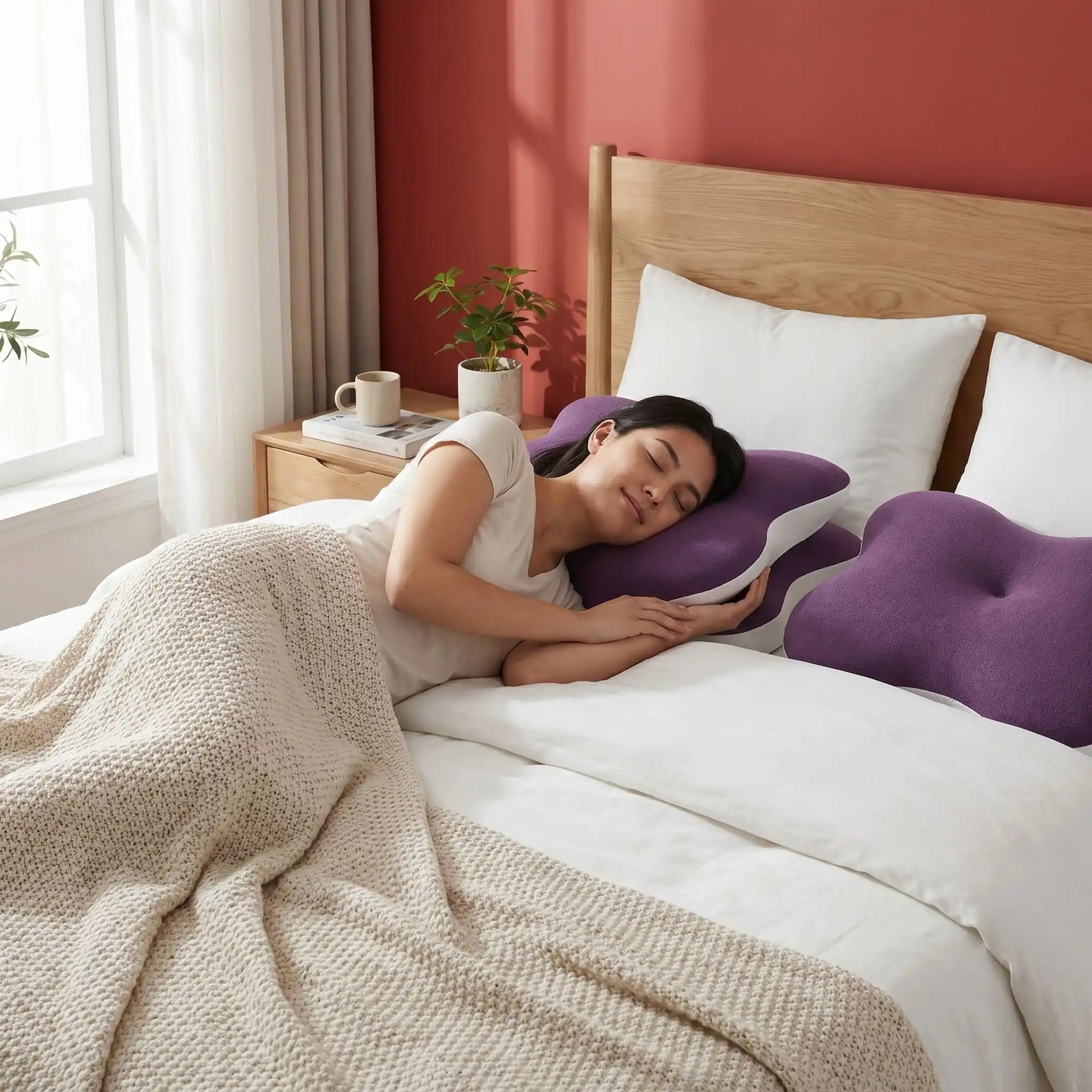 Femme couchée côté sur oreiller ergonomique pour cervicales violet