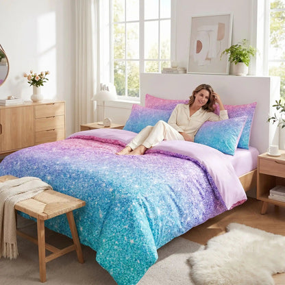 Femme couchée dans parure de lit arc-en-ciel