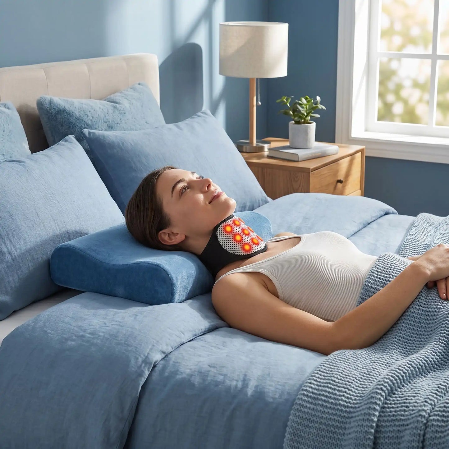 Femme couchée dos avec oreiller cervical noir Thermique Chauffant